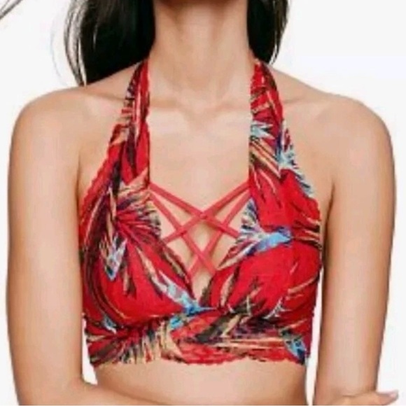 Victoria’s Secret PINK S Halter Neck Red Tropical Print Strappy Lace Bralette - Picture 2 of 10